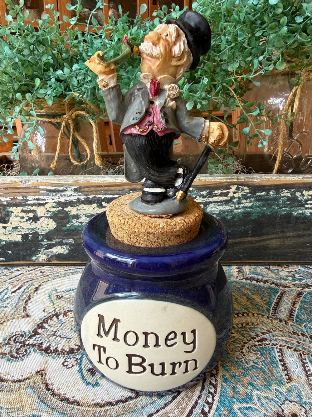 Money To Burn Coin Bank Jar Ceramic Base Figural Cork Top Vintage